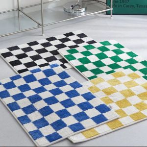 Checkered Soft Microfiber Geometric Shag Non Slip Water Absorbent Luxury Machine Washable Bath Mat