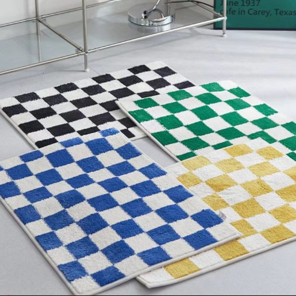 Checkered Soft Microfiber Geometric Shag Non Slip Water Absorbent Luxury Machine Washable Bath Mat