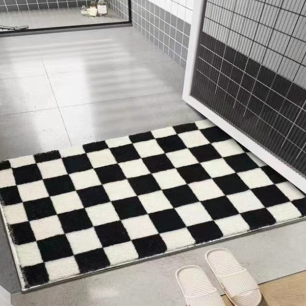 Checkered Soft Microfiber Geometric Shag Non Slip Water Absorbent Luxury Machine Washable Bath Mat