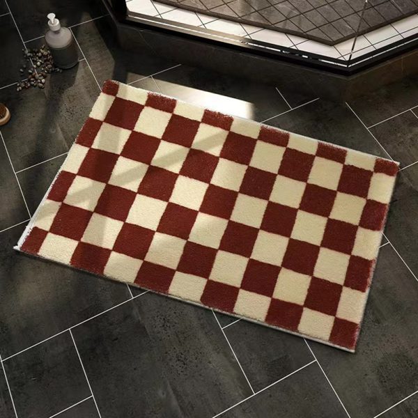 Checkered Soft Microfiber Geometric Shag Non Slip Water Absorbent Luxury Machine Washable Bath Mat