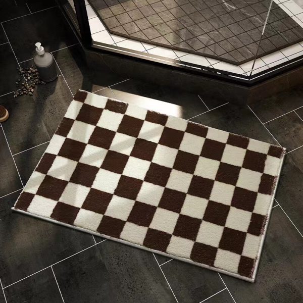 Checkered Soft Microfiber Geometric Shag Non Slip Water Absorbent Luxury Machine Washable Bath Mat