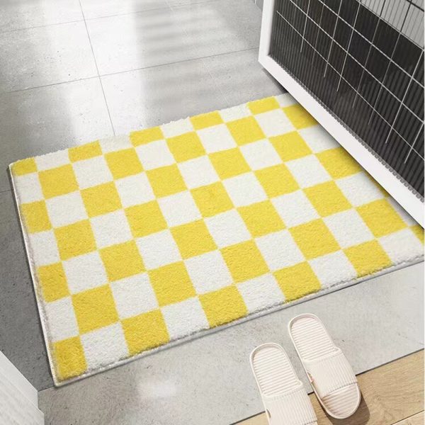 Checkered Soft Microfiber Geometric Shag Non Slip Water Absorbent Luxury Machine Washable Bath Mat