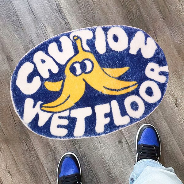 The Caution Wetfloor Blue Cartoon Cute Interesting Oval Plush Absorbent Non-Slip Washable Bath Mat