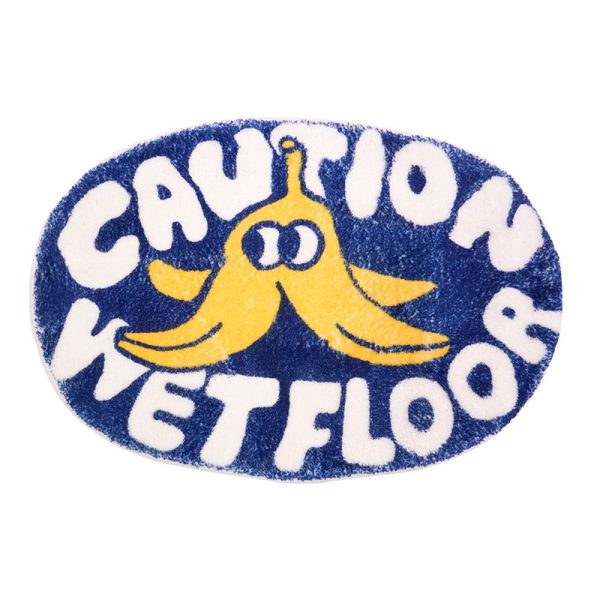 The Caution Wetfloor Blue Cartoon Cute Interesting Oval Plush Absorbent Non-Slip Washable Bath Mat