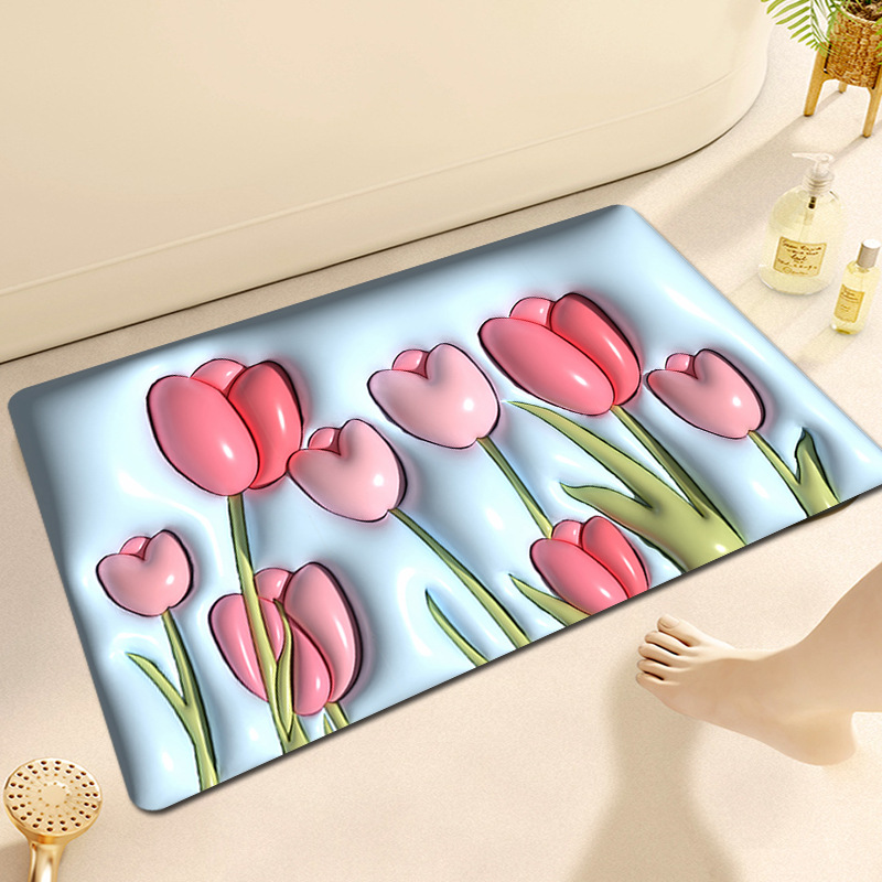 Diatom Mud Bath Mat | 3D Soft Absorben Pink Tulips