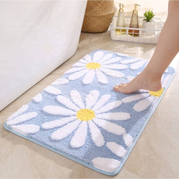 White Flower Fluffy Soft Fiber Non Slip Bath Mat