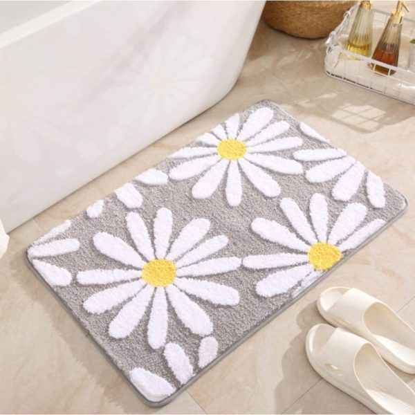 White Flower Fluffy Soft Fiber Non Slip Bath Mat