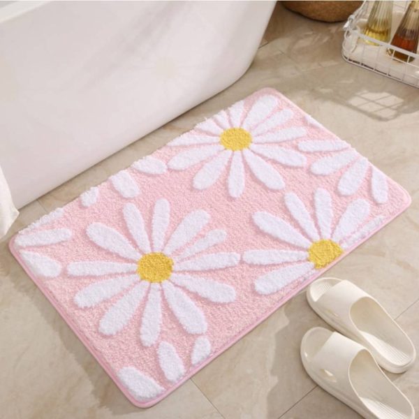 White Flower Fluffy Soft Fiber Non Slip Bath Mat