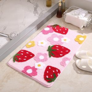 Soft Comfortable Strawberry Color Bath mat Cute Non-Slip Absorbent Washable Fluffy