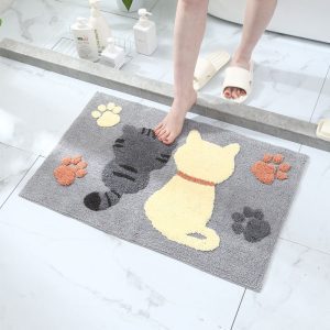 Cartoon cute cat flocked bathmat absorbent non slip