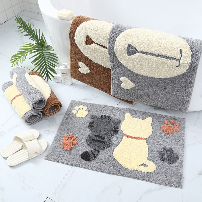 Cartoon cute cat flocked bathmat absorbent non slip