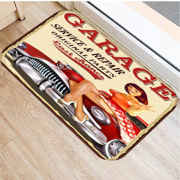 Vintage Car Girl Flower Floor Mat Print