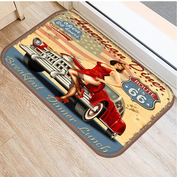 Vintage Car Girl Flower Floor Mat Print