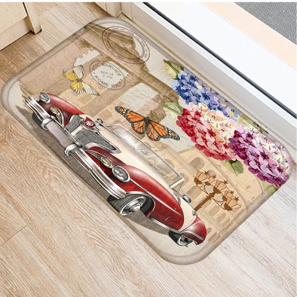 Vintage Car Girl Flower Floor Mat Print