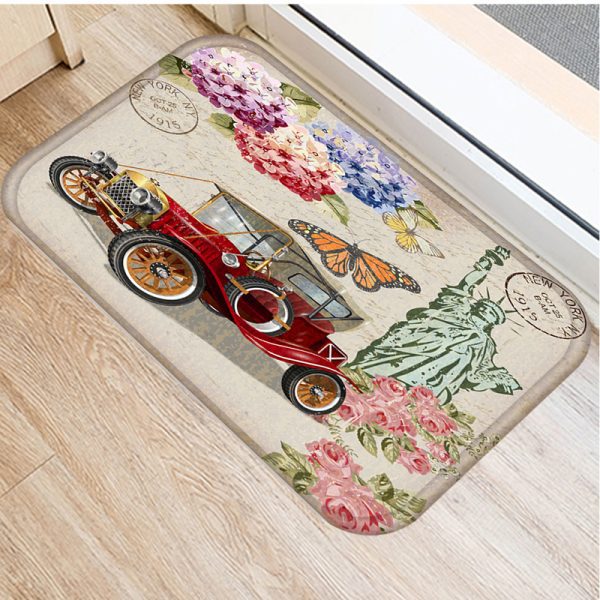 Vintage Car Girl Flower Floor Mat Print