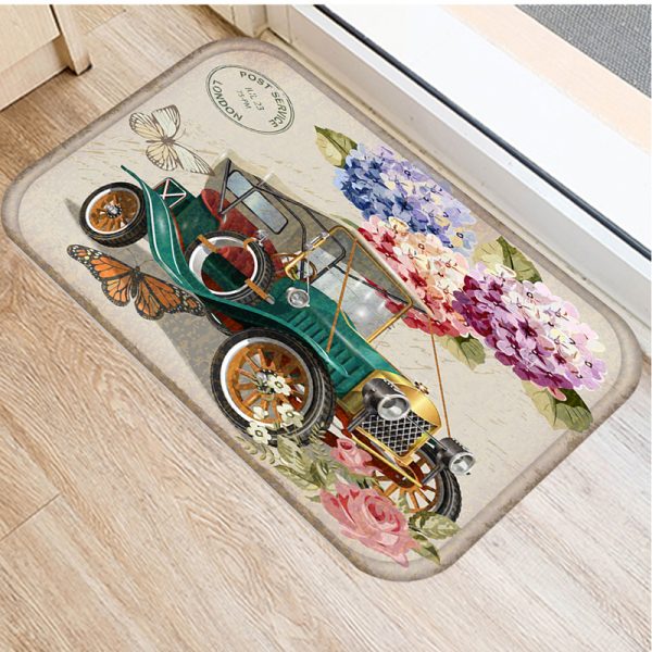 Vintage Car Girl Flower Floor Mat Print