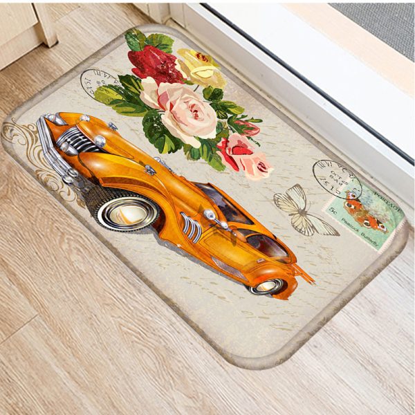 Vintage Car Girl Flower Floor Mat Print