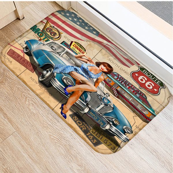 Vintage Car Girl Flower Floor Mat Print