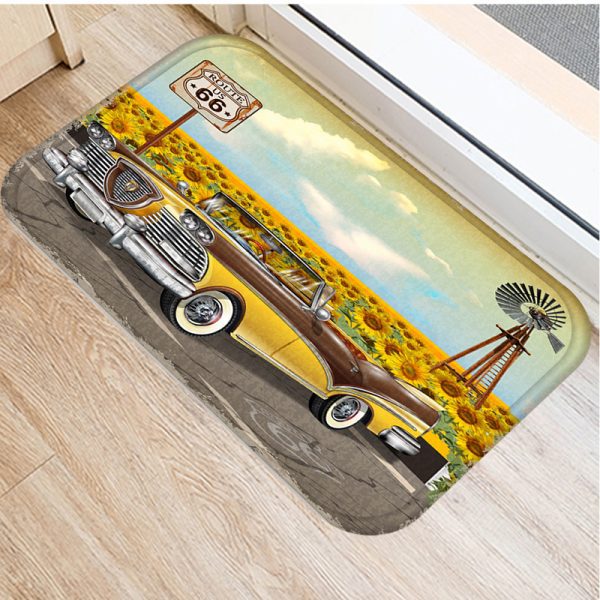 Vintage Car Girl Flower Floor Mat Print