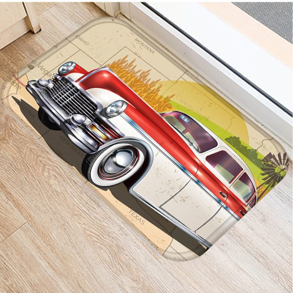 Vintage Car Girl Flower Floor Mat Print