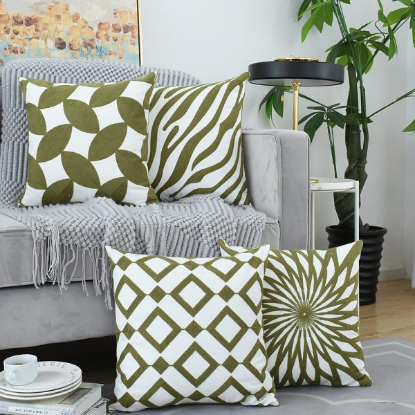 Nordic Geometric Green Embroidered Pillow Cover