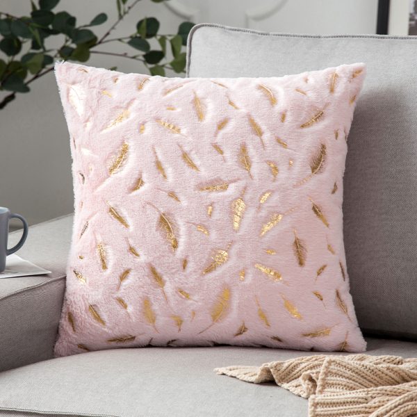 Short Plush with Gold Foil Feather Pillow Cover