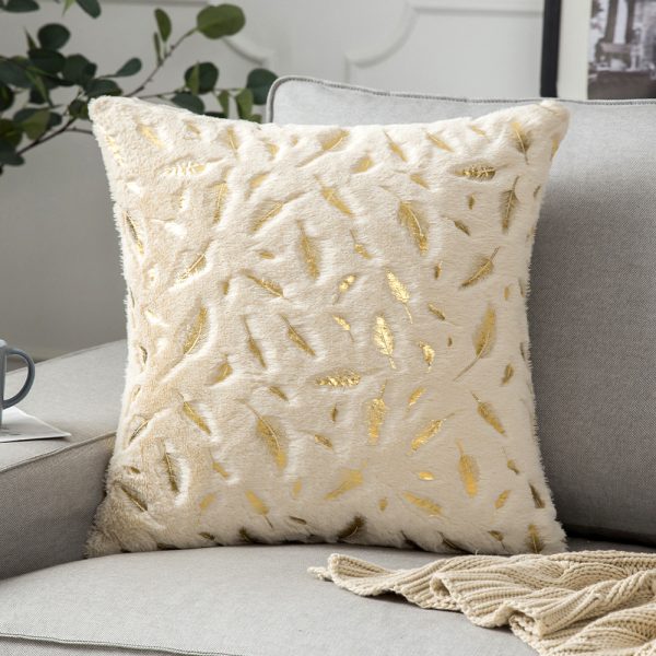 Short Plush with Gold Foil Feather Pillow Cover