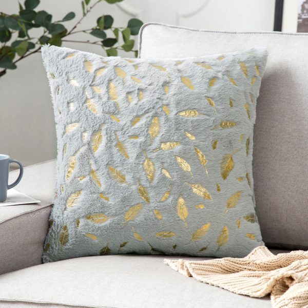 Short Plush with Gold Foil Feather Pillow Cover