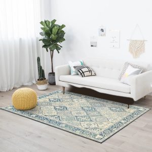 Boho Vintage Flodable Thin Rug with Non Slip Backing for Living Room Machine Washable