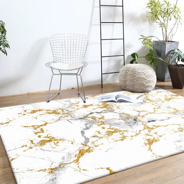 Modern Abstract Shining Boho White Gold Marble Rugs for Living Room