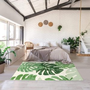 Modern Soft Tropical Monstera Green Leaf Living Room Rug Large Non-Slip Washable