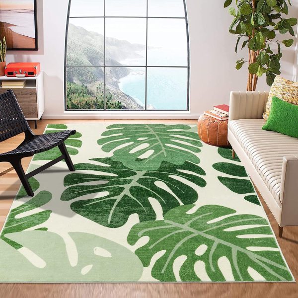 Modern Soft Tropical Monstera Green Leaf Living Room Rug Large Non-Slip Washable