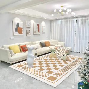 Large Modern Checkerboard Living Room Rug Washable Non-Slip Soft Low Pile Stain Resistant