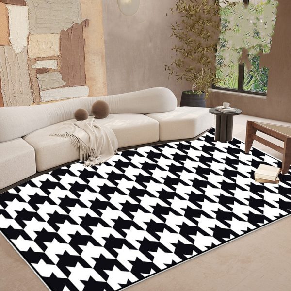 Black and White Striped Checkerboard Faux Cashmere Living Room Rug