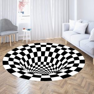 3D Illusion Vertigo Black and White Checkered Round Living Room Rug