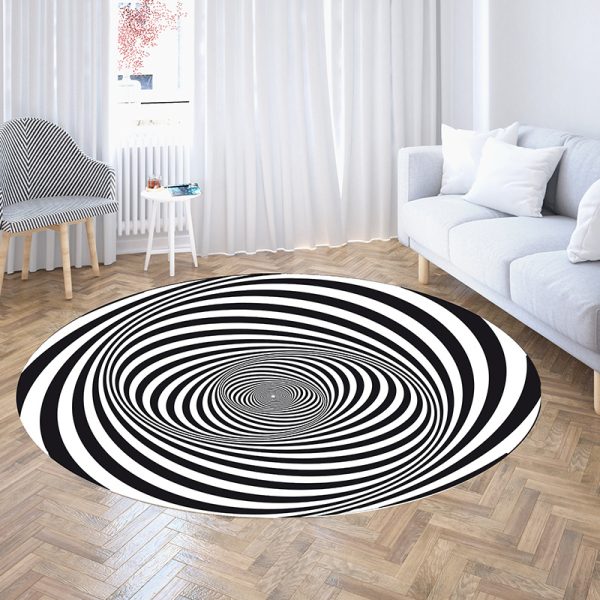 3D Illusion Vertigo Black and White Checkered Round Living Room Rug