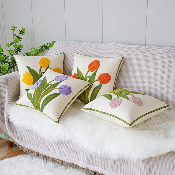 Green Fresh Tulip Embroidery Pillow Cover - Embrace Minimalist Floral Elegance