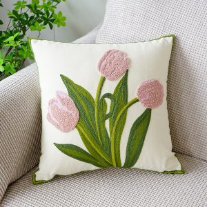 Green Fresh Tulip Embroidery Pillow Cover - Embrace Minimalist Floral Elegance