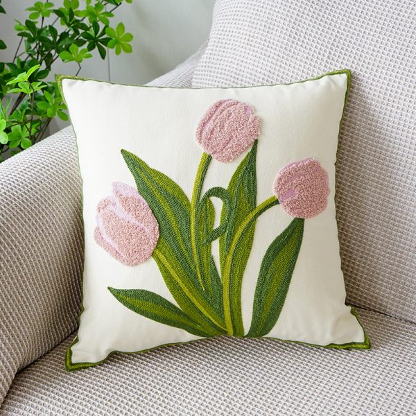 Green Fresh Tulip Embroidery Pillow Cover - Embrace Minimalist Floral Elegance