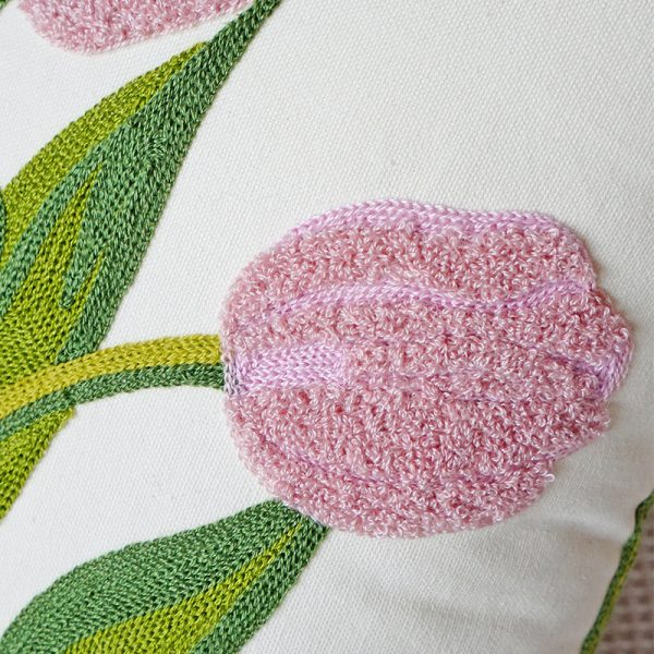 Green Fresh Tulip Embroidery Pillow Cover - Embrace Minimalist Floral Elegance