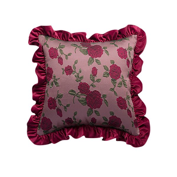 Vintage English Rose Floral Pillow - Retro Ruffled Edge Sofa Cushion, Palace Style Wine Red, Bedside Accent