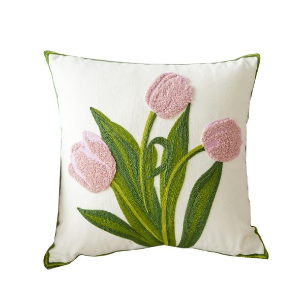 Green Fresh Tulip Embroidery Pillow Cover - Embrace Minimalist Floral Elegance