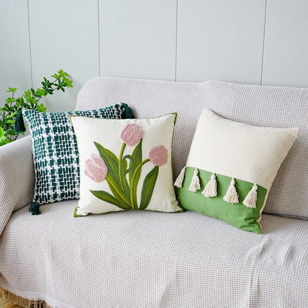 Green Fresh Tulip Embroidery Pillow Cover - Embrace Minimalist Floral Elegance