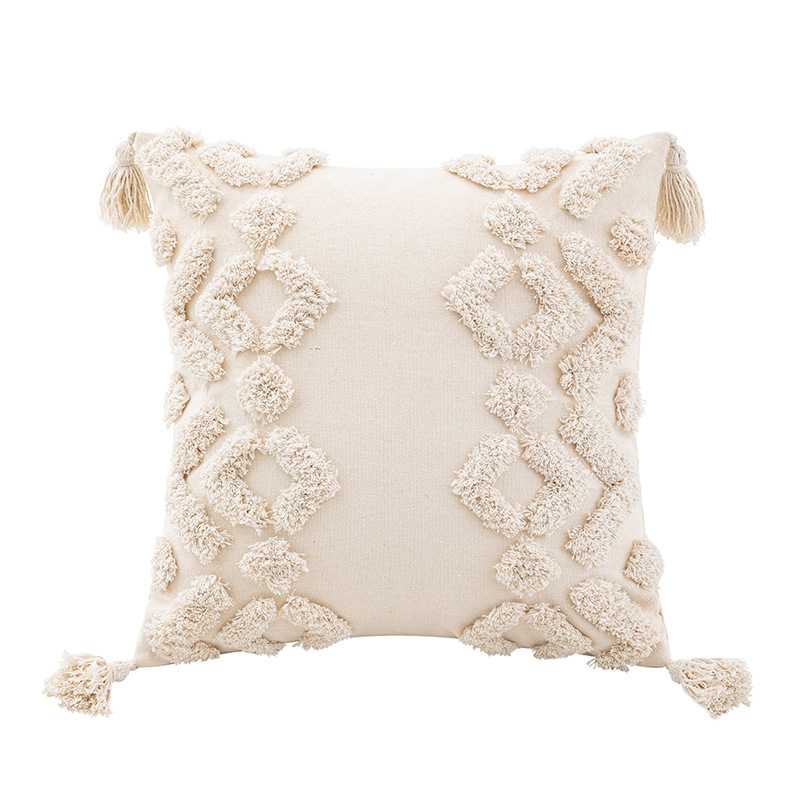 Handwoven Texture Pillow Cover - INS Style Handcrafted 3D Embroidery with Tassel Trim
