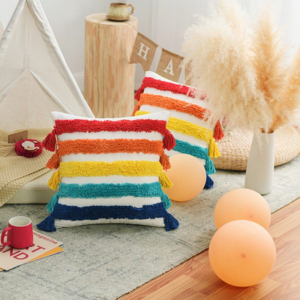 Ethnic Bohemian Style Plush Rainbow Pillow Cover