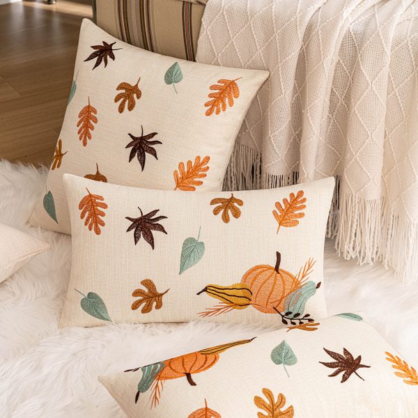 Autumn Maple Leaf and Pumpkin Embroidered Pillow Cover