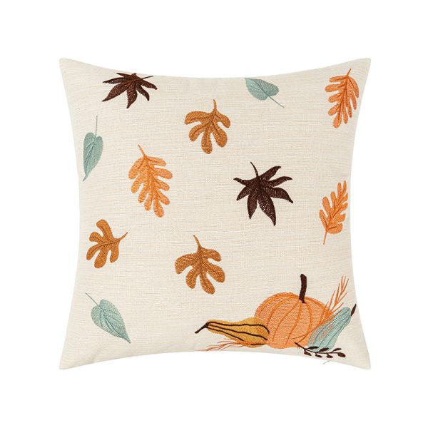 Autumn Maple Leaf and Pumpkin Embroidered Pillow Cover