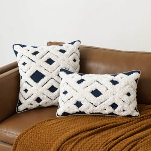 Geometric Velvet Short Plush Wave Line Fringe Diamond Grid Pillow Cover