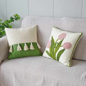 Green Fresh Tulip Embroidery Pillow Cover - Embrace Minimalist Floral Elegance
