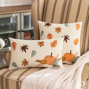 Autumn Maple Leaf and Pumpkin Embroidered Pillow Cover